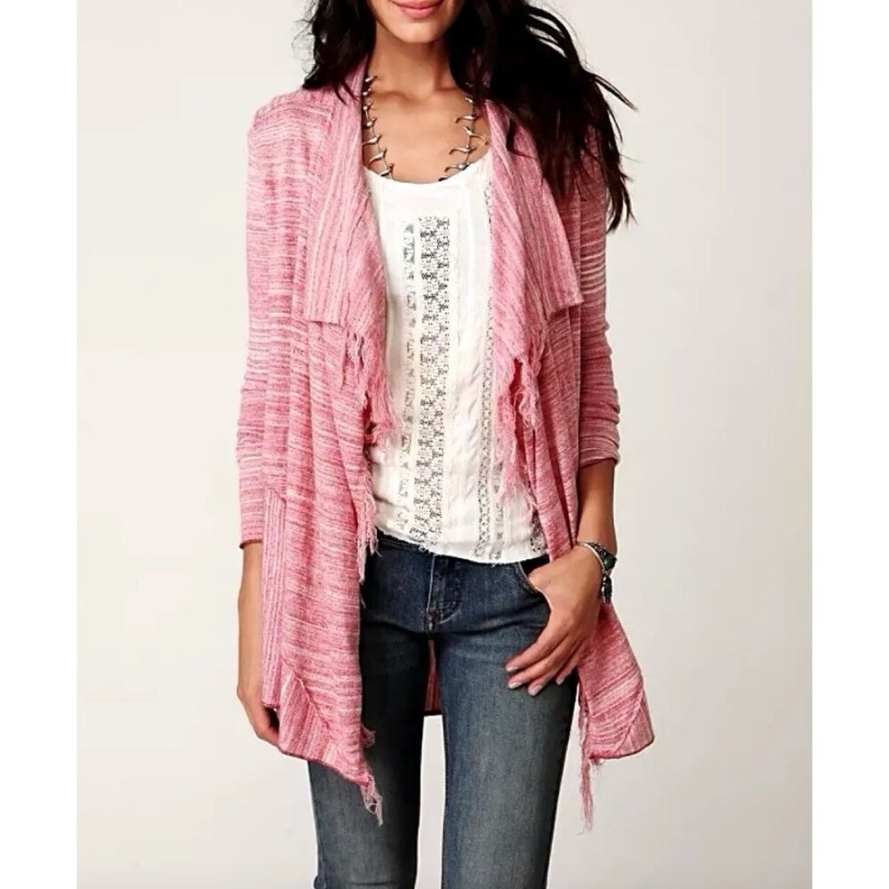 Free People Womens Small Take‎ a Bow Cardigan Red Space Dye Fringe Sweater Knit